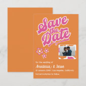 Carte de mariage rétro rose et orange "Save the Da (Devant / Derrière)