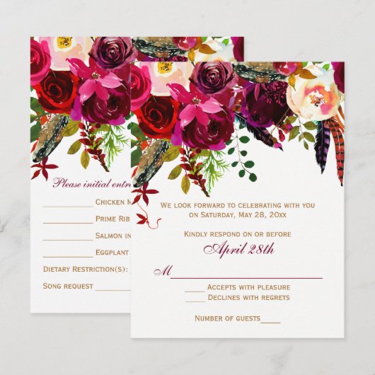 Carte de mariage RSVP 2 (REPAS) - Floral, Plumes (Devant / Derrière)