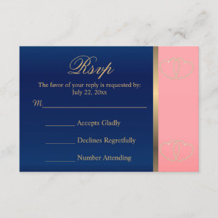 Carte de mariage RSVP Coral & Navy avec coeur d'or