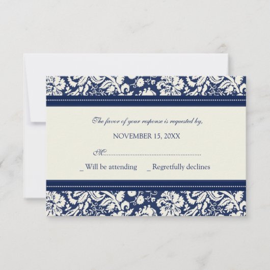 Carte de Mariage RSVP Crème et Motif bleu (Devant)
