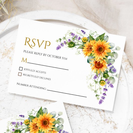 Carte de Mariage RSVP Russe Sunflowers & Lavender