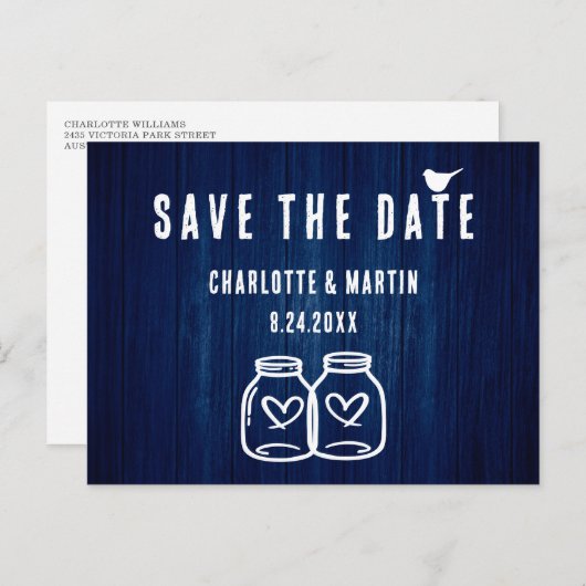 Carte de mariage rustique bleu marine Save The Dat (Devant / Derrière)
