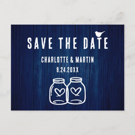 Carte de mariage rustique bleu marine Save The Dat (Devant)