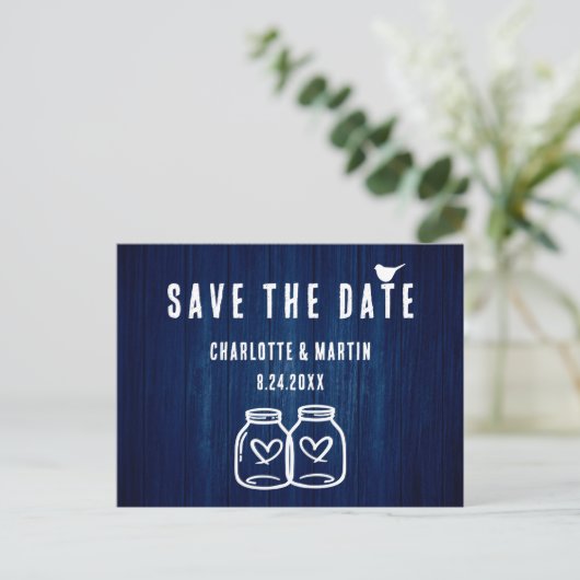 Carte de mariage rustique bleu marine Save The Dat (Debout devant)