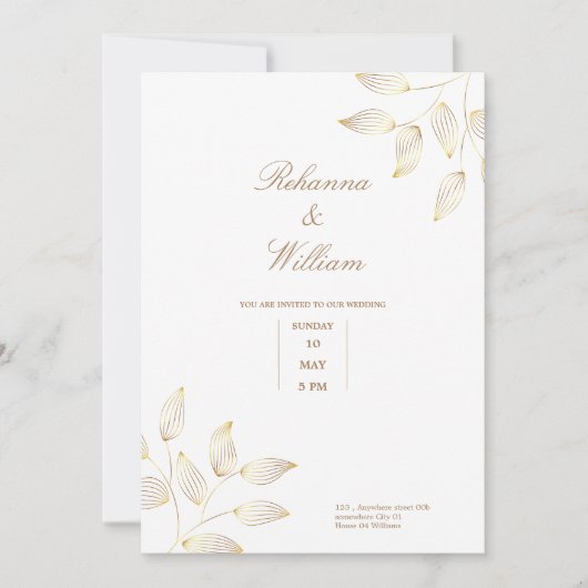 carte de mariage simple élégante fleurs or et blan (Devant)