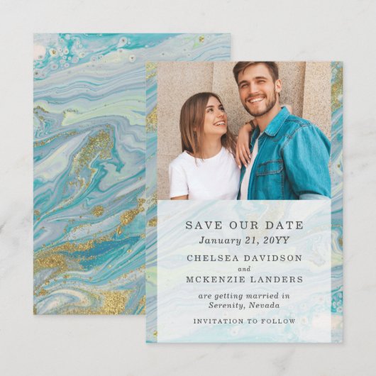 Carte de mariage turquoise et or avec motif marbré (Devant / Derrière)