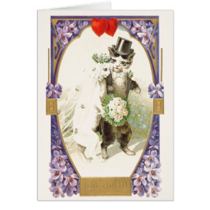 Carte de mariage vintage de jeunes mariés de chat