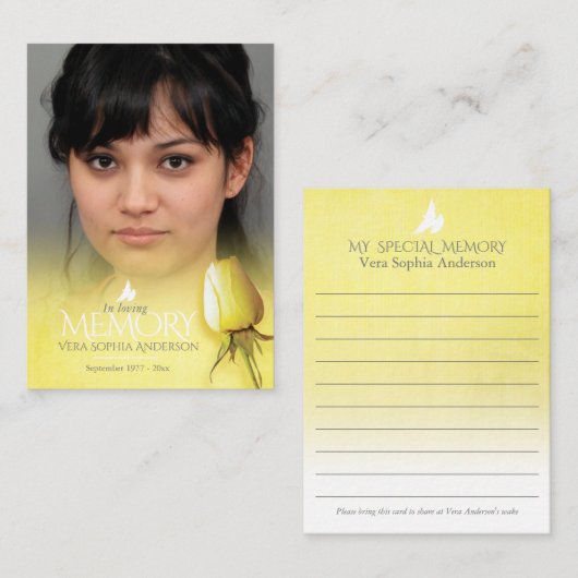 Carte de mémoire rose jaune pour commémorations et (Devant / Derrière)