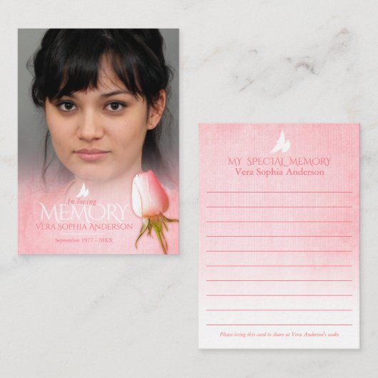 Carte de mémoire rose pour commémorations et funér (Devant / Derrière)