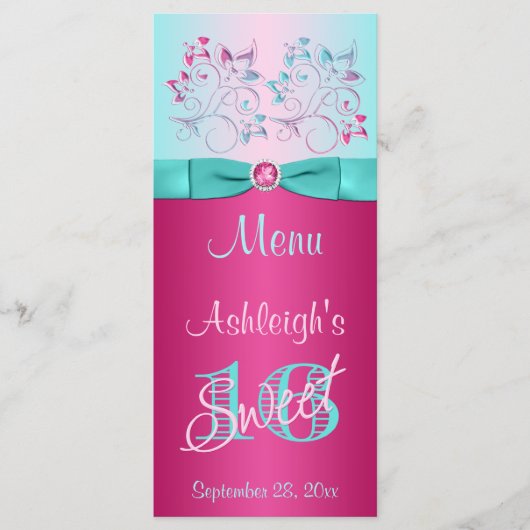 Carte de menu 16 avec fond imprimé rose, Aqua Flor (Devant)