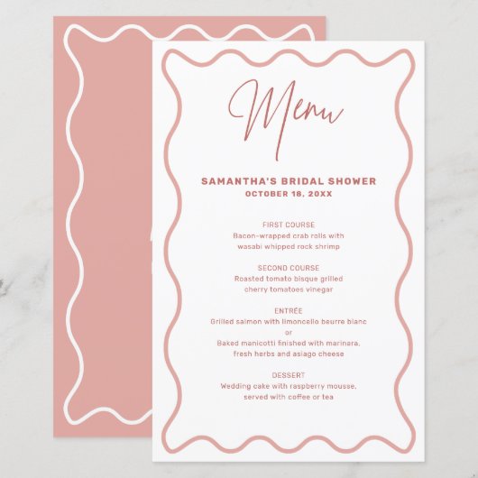 Carte de menu à bordure ondulée rose et blanche av (Devant / Derrière)