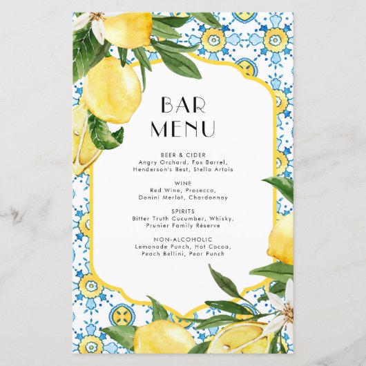 Carte de menu à l'aquarelle Lemon Mediterranean Ba (Devant)