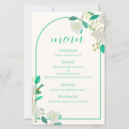 Carte de menu à l'arche florale blanche (Devant)