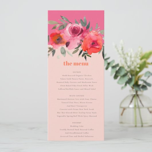 Carte de menu à Mariage de fleurs rose chaud Boho (Debout devant)