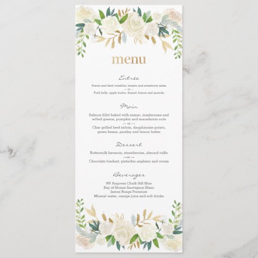 Carte de menu à Mariage floral blanc et or (Devant)