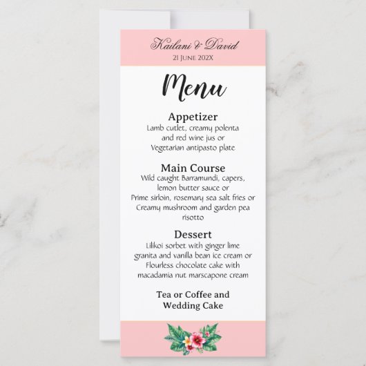 Carte de menu à thème mariage floral tropical (Devant)