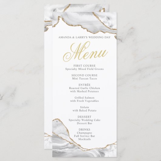 Carte de menu Agate Blanc et Or (Devant / Derrière)