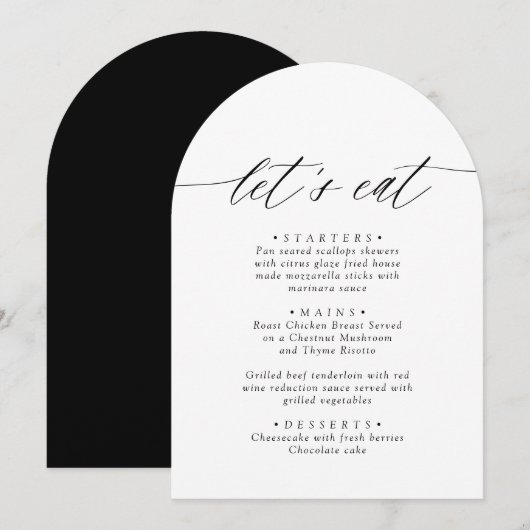 Carte de menu Arché Noir & Blanc Moderne Mangeons (Devant / Derrière)