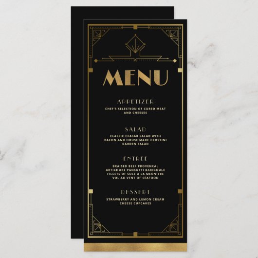 Carte de menu Art déco Gatsby Roaring 20s (Devant / Derrière)