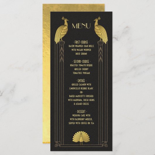 Carte de menu Art Déco Gold et Black Peacock Maria (Devant / Derrière)