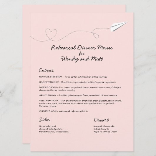 Carte de menu Avion papier (Devant / Derrière)