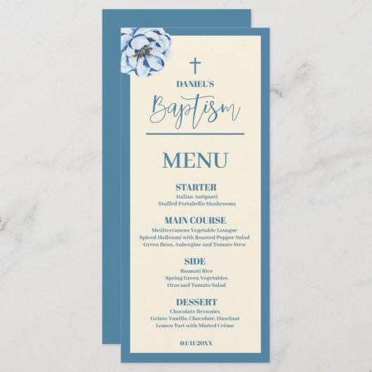 Carte de menu Baptême Bébé Bleu 4x9 (Devant / Derrière)