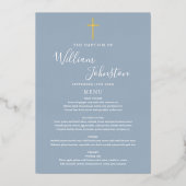 Carte de menu baptême bleu poussiéreux avec feuill (Recto)