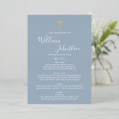 Carte de menu baptême bleu poussiéreux avec feuill (Debout devant)