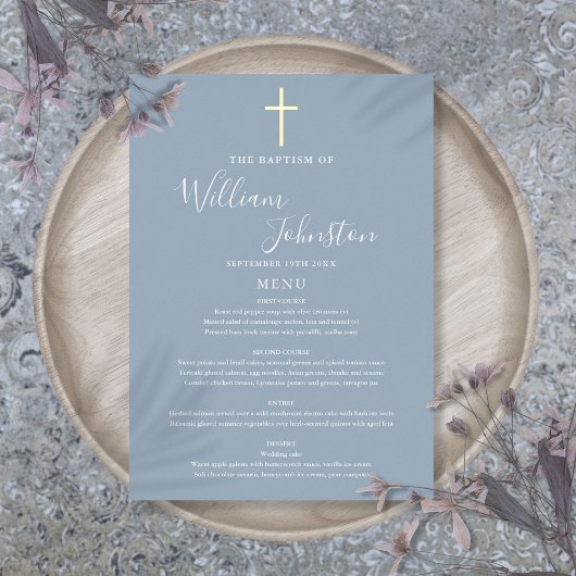 Carte de menu baptême bleu poussiéreux avec feuill
