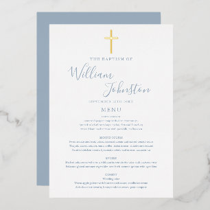 Carte de menu baptême bleu poussiéreux avec feuill