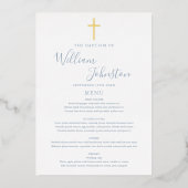 Carte de menu baptême bleu poussiéreux avec feuill (Recto)