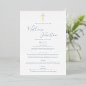 Carte de menu baptême bleu poussiéreux avec feuill (Debout devant)