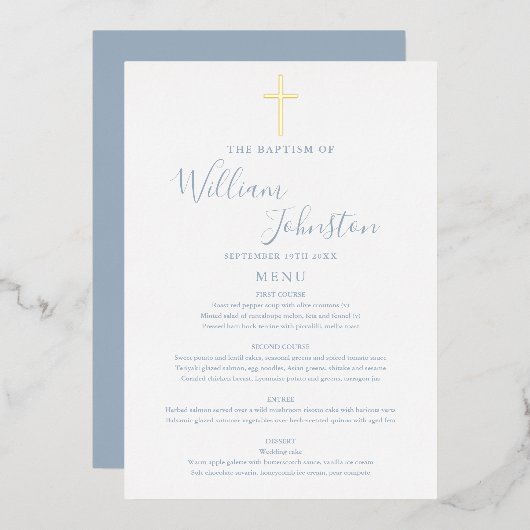 Carte de menu baptême bleu poussiéreux avec feuill (Recto/Verso)