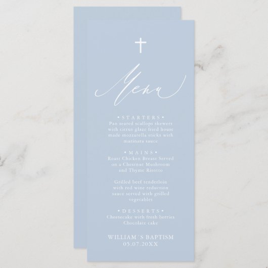 Carte de menu Baptême Boy Croix Bleue Dusty (Devant / Derrière)