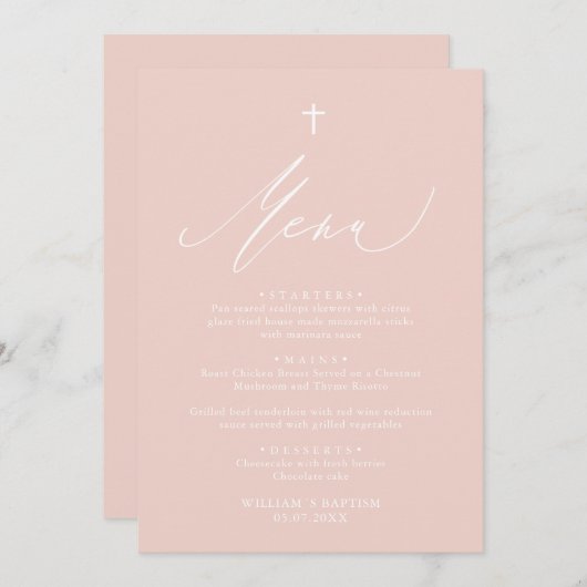 Carte de menu Baptême fille croix blanches rose Du (Devant / Derrière)
