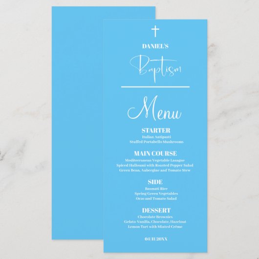 Carte de Menu Baptême Garçon Bleu 4x9 (Devant / Derrière)