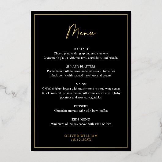 Carte de menu Baptême noir, blanc et or (Recto)