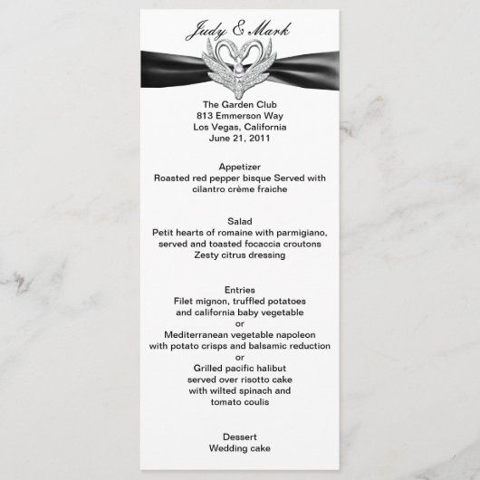 Carte de menu Black Ribbon Silver Swans (Devant)