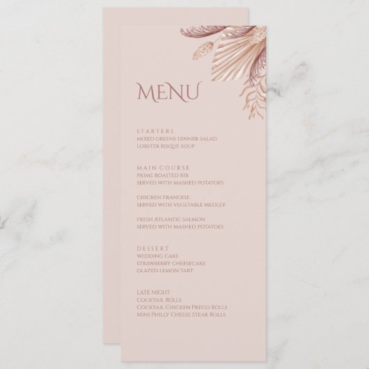 Carte de menu Boho Blush Pampas Grass Mariage (Devant / Derrière)