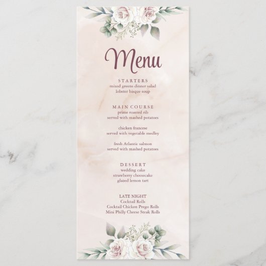 Carte de menu Boho Blush Rose Floral Mariage (Devant)