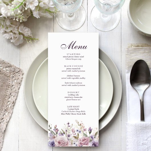 Carte de menu Boho Mauve et Lilac Floral Mariage