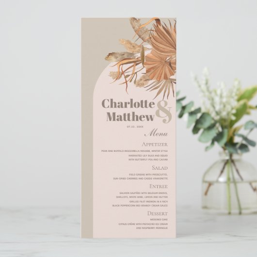 Carte de menu Boho Pampas Grass Pink Brown Mariage (Debout devant)