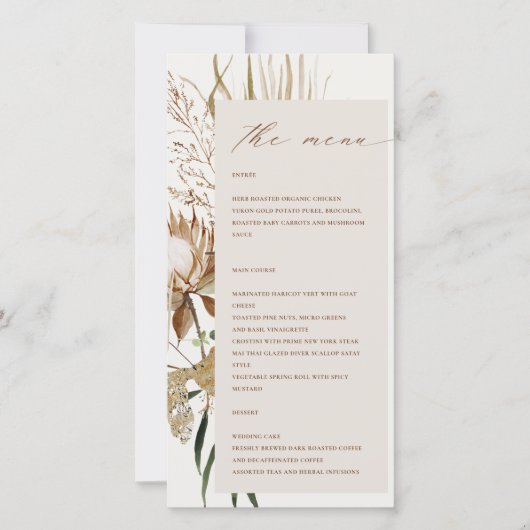 Carte de menu Boho Protea séché Palm Floral Mariag (Devant)