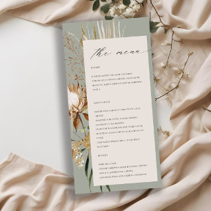 Carte de menu Boho Protea séché Palm Floral Mariag