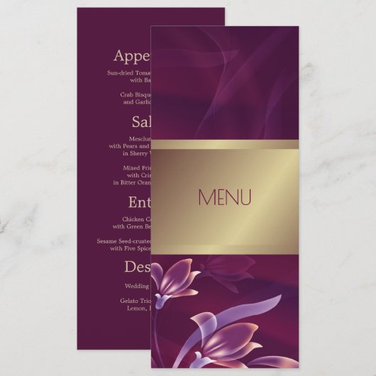 Carte de menu bordeaux floral élégant | Or (Devant / Derrière)