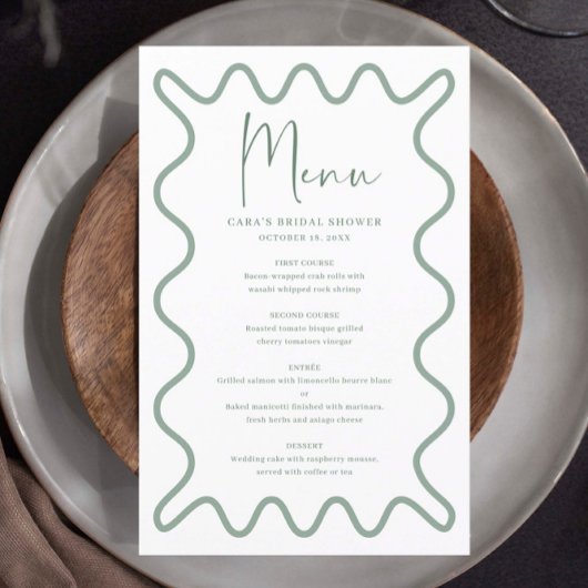 Carte de menu Bordure de vague verte Sage avec nom