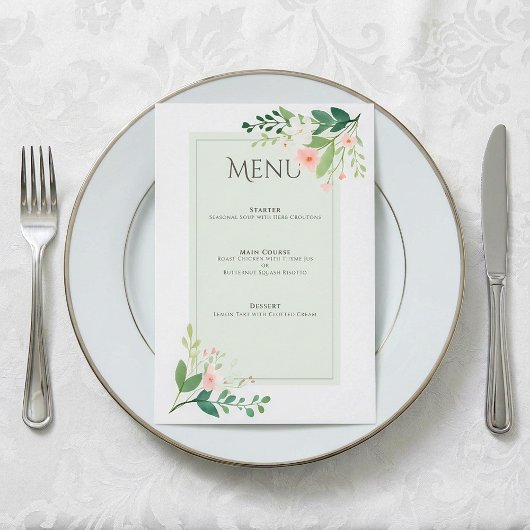 Carte de menu Botanique Mariage rose pâle