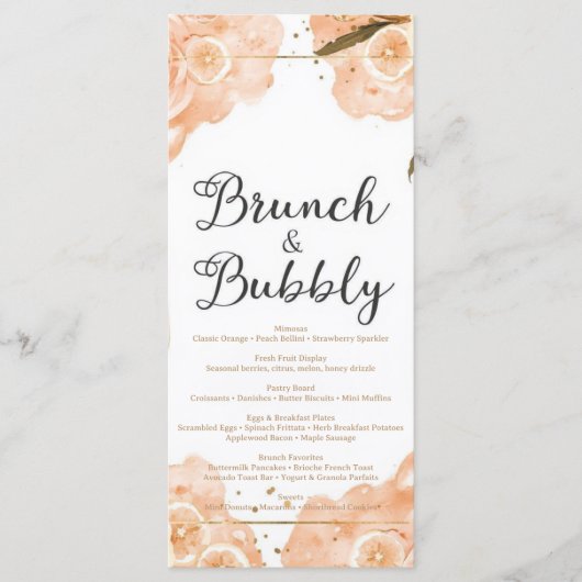 Carte de menu Brunch & Bubbly – Aquarelle pêche (Devant)