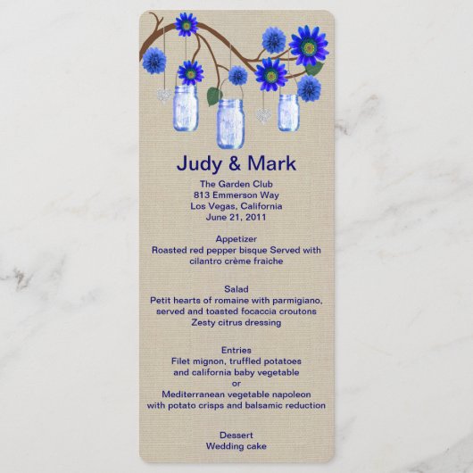 Carte de menu Burlap Rustic Blue Mason Jars (Devant)