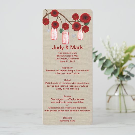 Carte de menu Burlap Rustic Red Mason Jars (Debout devant)